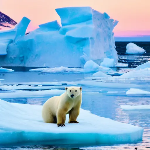 Image similar to polar bear surfing, iceberg in background, ultra realistic, award winning dslr photography, global illumination, radiant lighting