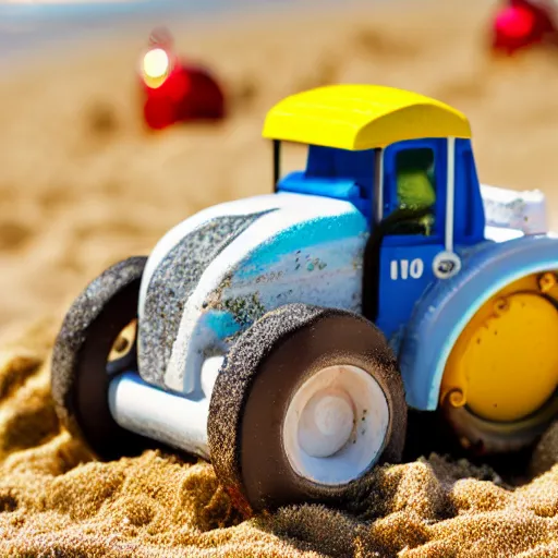 Prompt: bulldozer toy on the beach, depth of field, holiday vibe, photo style, ultra realistic