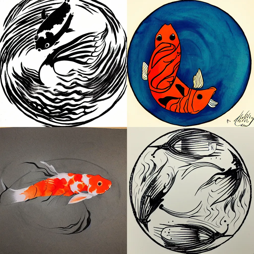 Image similar to a single koi fish swimming in circle with a flowing trail of ink following behind, Sumi ink style