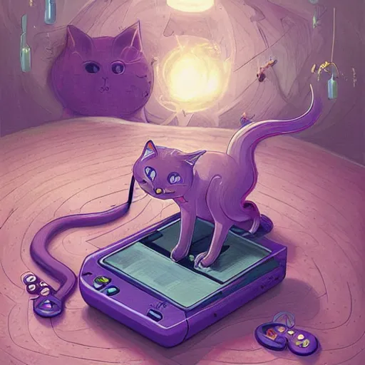 Image similar to purple cat playing gameboy, by Peter Mohrbacher