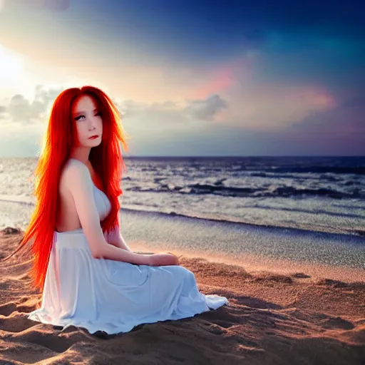 Image similar to detailed anime girl with long red hair in a white silky dress sitting in the sand on a beach at sunset, pixiv art