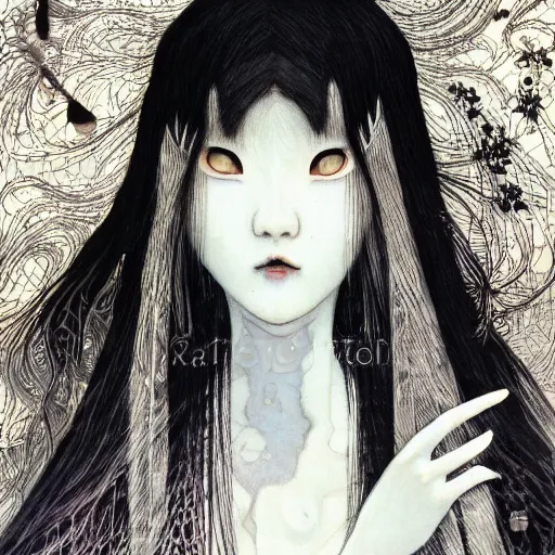 Prompt: yoshitaka amano blurred and dreamy realistic illustration of a japanese woman with black eyes, black lipstick, long wavy white hair fluttering in the wind wearing elden ring armor with engraving, abstract patterns in the background, satoshi kon anime, noisy film grain effect, highly detailed, renaissance oil painting, weird portrait angle, blurred lost edges, three quarter view