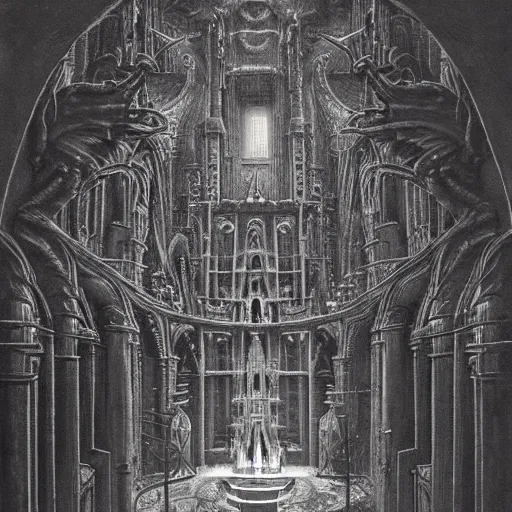 Image similar to monstrous and twisted cathedral with an altar that has a statue to many eyed and four armed cthulhu. in the style of hr giger and zdzisław beksinski piranesi gloom misty glow oil painting biomechanical