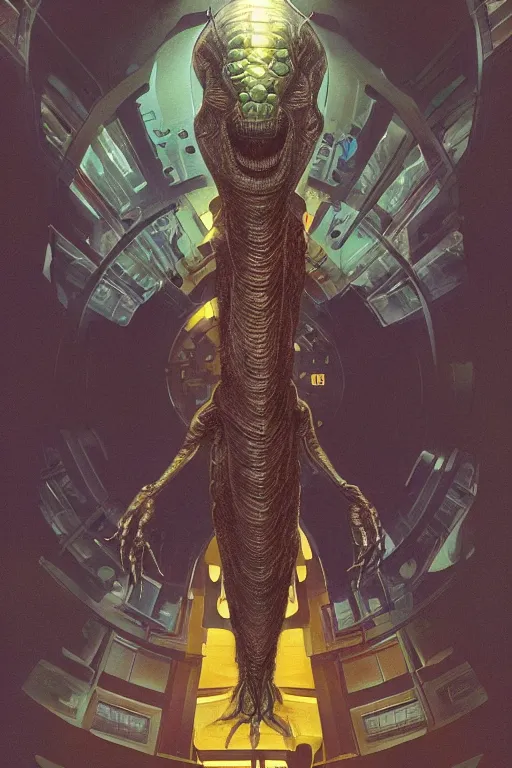 Prompt: Reptilian space alien, in an office building, medium shot, dramatic backlighting, autochrome, high contrast, highly detailed, sharp focus, digital painting, concept art, illustration, filmpunk , trending on artstation, art by greg rutkowski and greg hildebrandt, composition by alphonse mucha