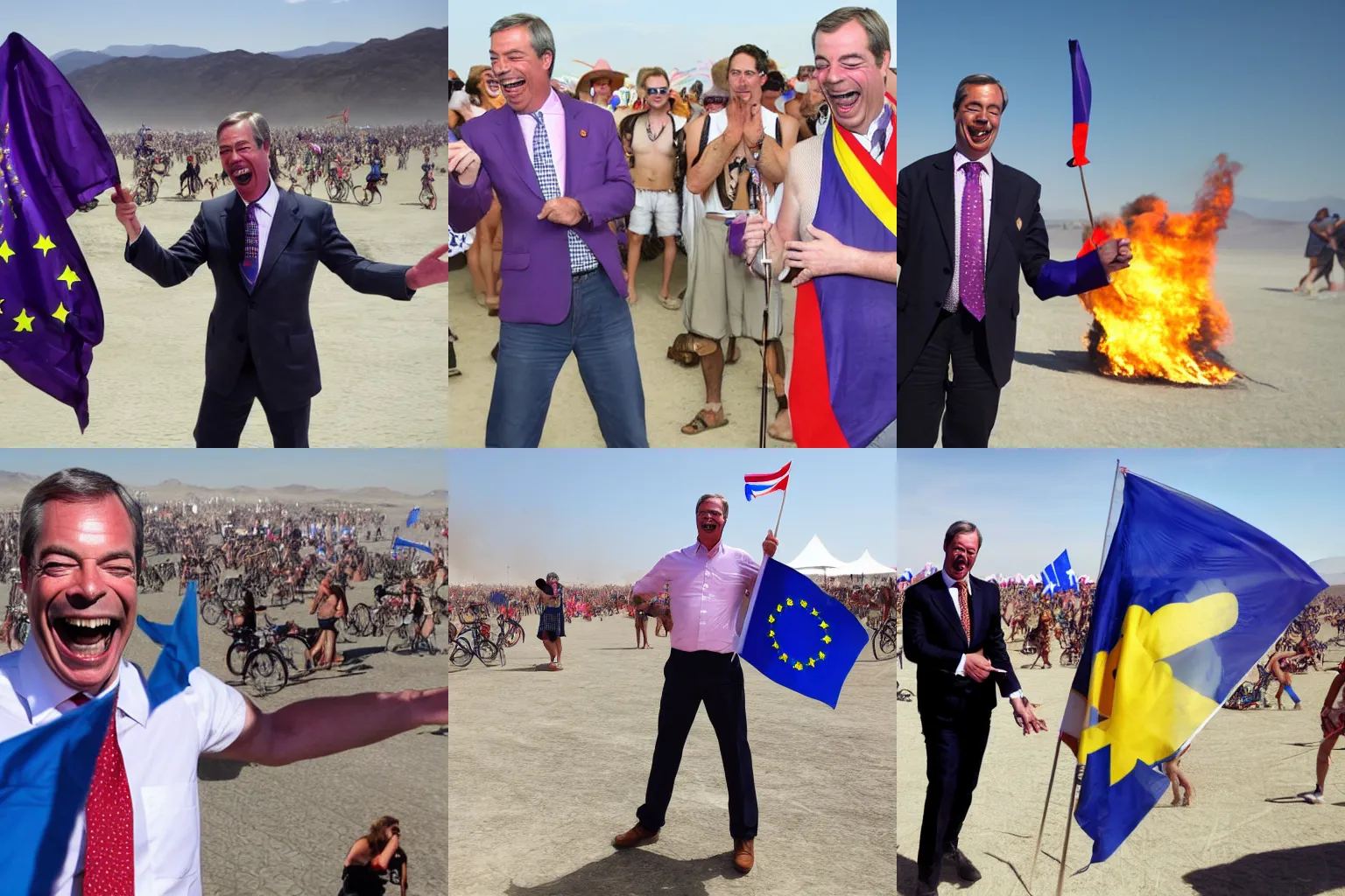 Prompt: nigel farage holding eu flag laughing at burning man festival