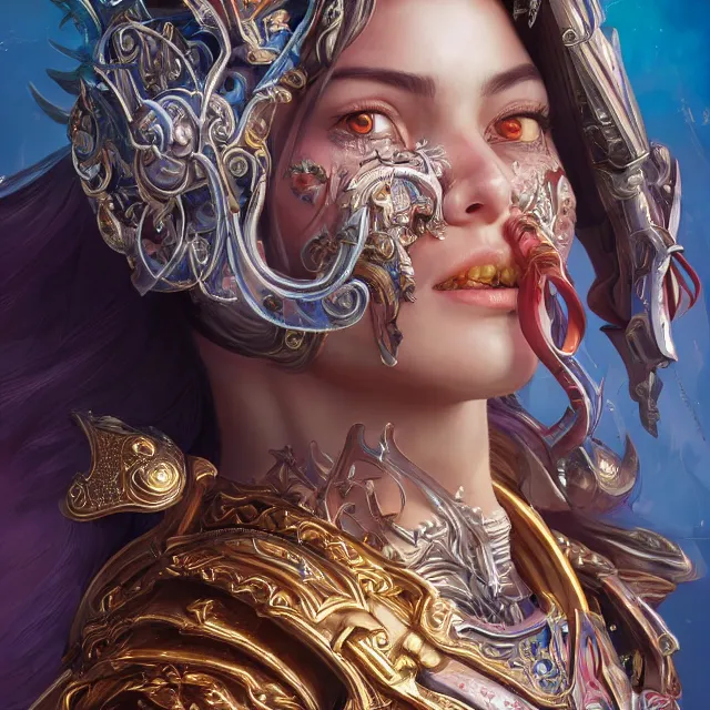 Image similar to studio portrait of lawful good colorful female holy mech paladin as absurdly beautiful, elegant, young sensual pretty woman, ultrafine hyperrealistic detailed face illustration by kim jung gi, irakli nadar, intricate linework, sharp focus, bright colors, matte, octopath traveler, final fantasy, unreal engine highly rendered, global illumination, radiant light, intricate environment