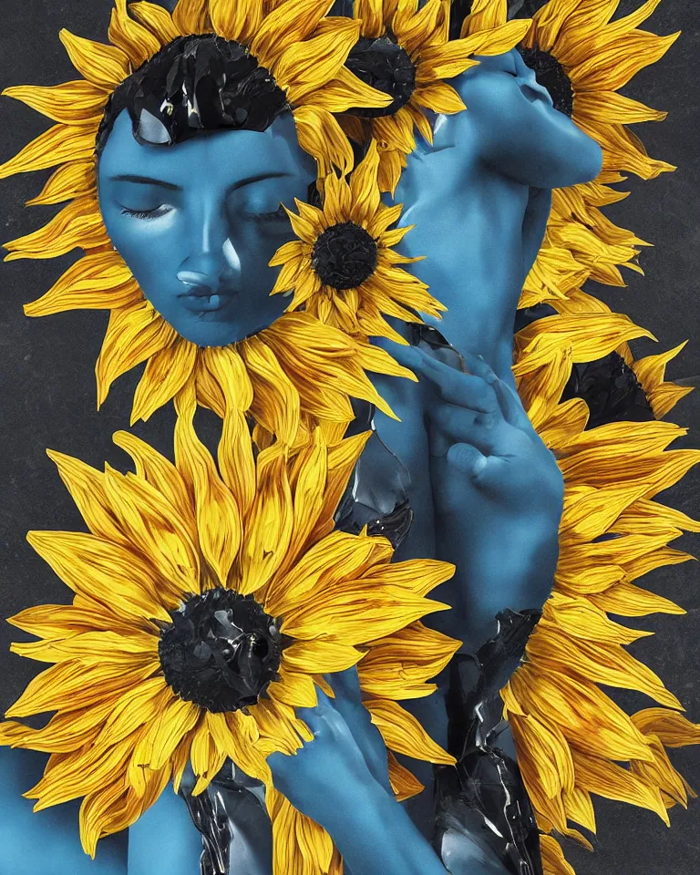 Prompt: symmetrical painting of a fractured black obsidian greek woman statue of a topaz spikes sunflowers lightblue drip acrylic paint fixed with kintsugi, rendered in octane trending on cgsociety. extremely detailed and intricate art