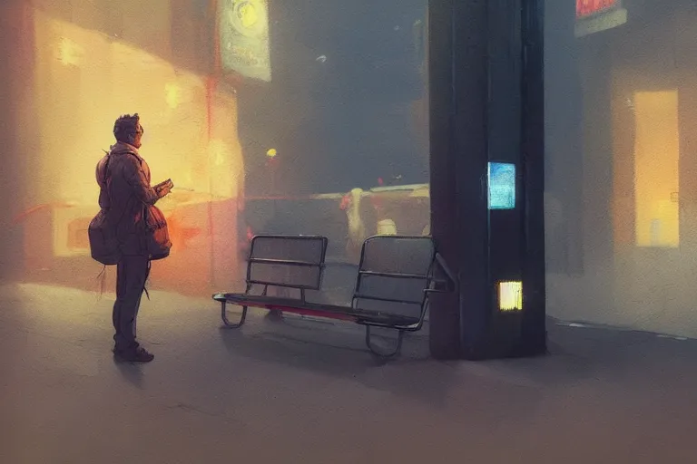 Image similar to A mixed media painting of man waiting at bus stop by Frank Frazetta, Greg Rutkowski, Beeple, kawaii, post-processing, low angle, masterpiece, cinematic, isometric, volumetric lighting