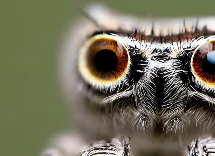 Image similar to jumping spider mixed with owl, highly detailed, macro lens,