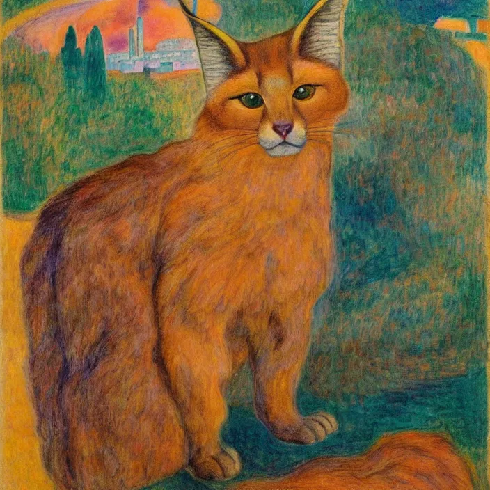 Image similar to close portrait of cute fluffy caracal, with ancient greek city with marble columns temple. sun through the clouds, vivid iridescent colors. agnes pelton, egon schiele, munch, henri de toulouse - lautrec, utamaro, monet