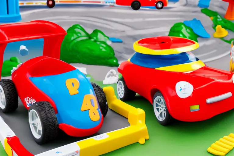 Prompt: fisher price race car through suburban mountains, construction in the distance Scene from TV show 85mm