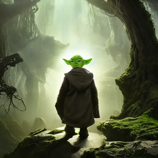 Image similar to yoda ( 2 0 2 1 ) walking next to groot ( 2 0 1 7 ). they are friends. photorealistic, digital art, epic fantasy, dramatic lighting, cinematic, extremely high detail, cinematic lighting, trending, artstation, cgsociety, 3 d ue 5, 4 k, hq