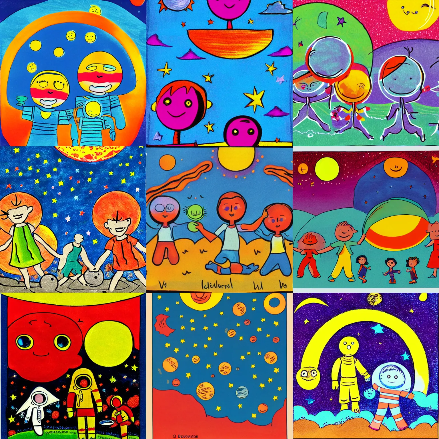 Prompt: The children and the aliens play happily until the sunset on the lunar surface , Illustration for small Children in the style of Dorothy Brook, , primary color scheme