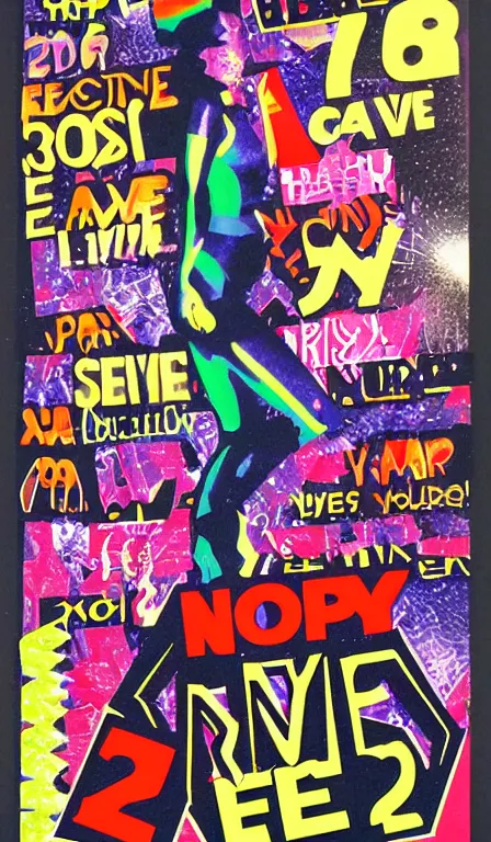 Image similar to Poster for a New Year's Eve rave, pastiche, collage, postmodern, early 3DCG, late 90s