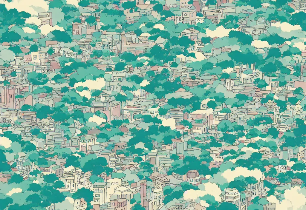 Image similar to studio ghibli style wallpaper, japanese city, washed out, lo fi, pleasant colors