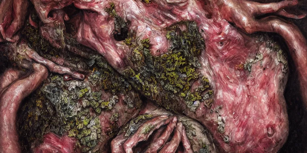 Prompt: details of lichens growing on flesh and skin, skin texture details, painitng, wrinkles and muscle tissues, meat, wound, oil on canvas, 4k, 8K, photorealistic, soft light, cinematic lighting, sharp, contrasting, non descriptive, bottom light