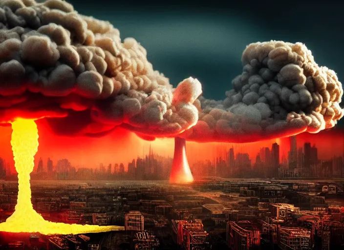 Image similar to nuclear explosion with a mushroom cloud and shock waves in the city . Horror dystopia style. Highly detailed 8k. Intricate. Nikon d850 300mm. Award winning photography.