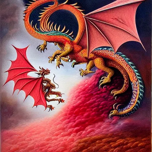 Image similar to miniature painting of a dragon fighting a woman, red+velvet+pink+orange+white colors, by Mahmoud Farshchian, intricate, insane detailed, very detailed