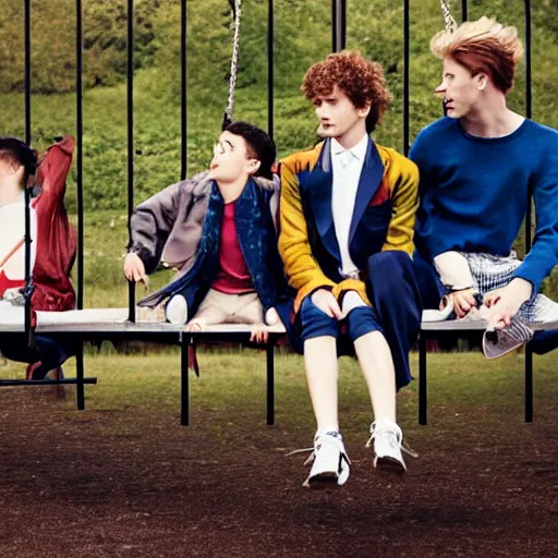 Prompt: an editorial shoot for Vogue featuring Male models sitting on playground swings, cute, harmless, silly