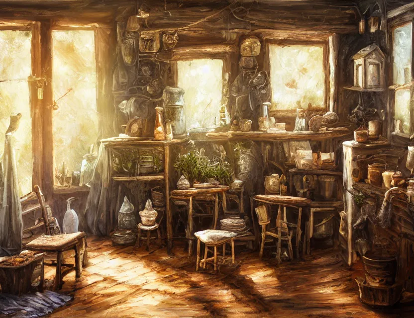 Prompt: expressive rustic oil painting, interior view of a cluttered herbalist cottage, waxy candles, cabinets, wood furnishings, herbs hanging, wood chair, light bloom, dust, ambient occlusion, morning, rays of light coming through windows, dim lighting, brush strokes oil painting