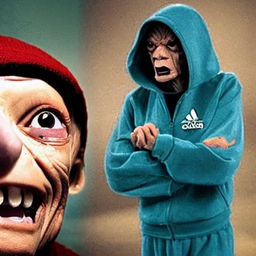 Image similar to gollum smokes cig in adidas tracksuit