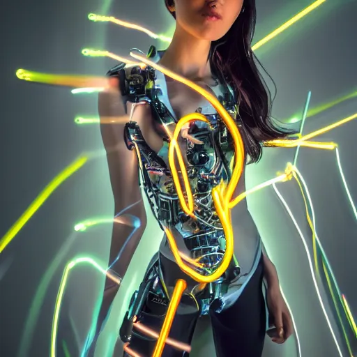 Image similar to a portrait of a female cyborg, fashion, streak lights, ligjt trail, color gel, photogtaphy, canon r 5, wide angle