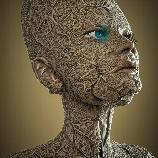 Prompt: beatifull frontal face portrait of a woman, 150mm, chromatic aberration, mandelbrot fractal, symmetric, intricate, elegant, highly detailed, ornate, ornament, sculpture, elegant , luxury, beautifully lit, ray trace, octane render in the style of peter Gric and alex grey