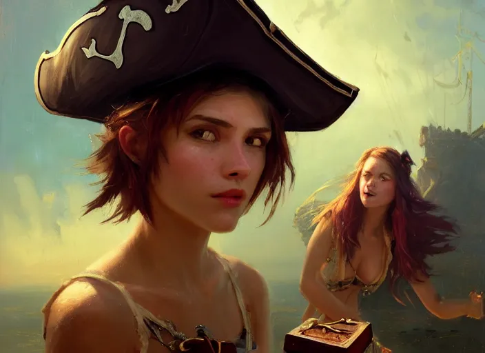 Image similar to wide view picture of a pirate girl, looking at the treasure box, hard breathing, messy hair, very excited, sparkling eyes, magic and fantasy, whale monsters, beautiful and aesthetic and attractive and highly detailed face, specular reflection, occlusion shadow, intricate, bokeh, masterpiece, by ilya kuvshinov and jeremy lipking and quentin mabille