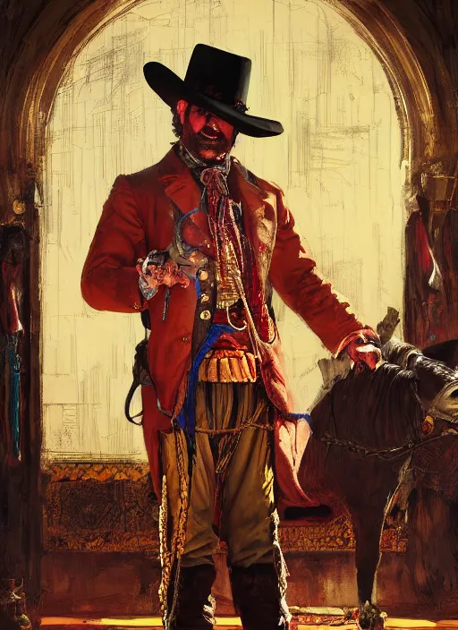 Image similar to Old west circus clown (rdr2, laurie Greasley). Iranian orientalist portrait by john william waterhouse and Edwin Longsden Long and Theodore Ralli and Nasreddine Dinet, oil on canvas. Cinematic, hyper realism, realistic proportions, dramatic lighting, high detail 4k