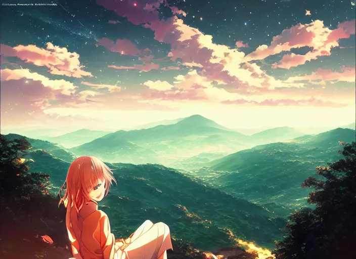 Image similar to watching the stars at night, on a mountain, by wlop, anime key visual, poster