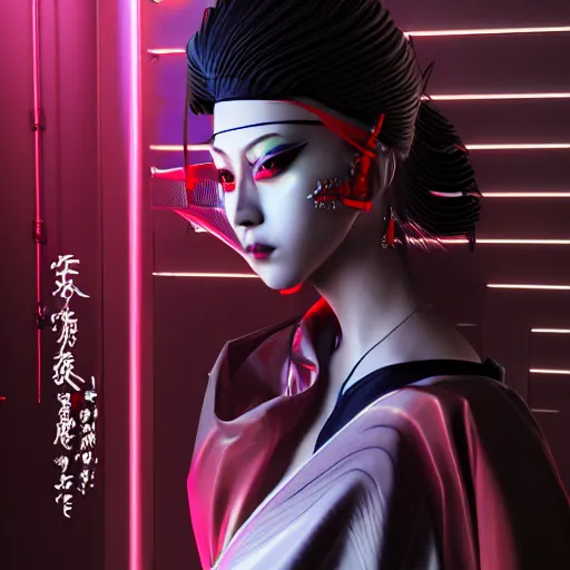 Image similar to cyberpunk japanese kimono inspired avant-garde art, deco fashion, highly detailed, photorealistic portrait, bright studio setting, studio lighting, crisp quality and light reflections, unreal engine 5 quality render