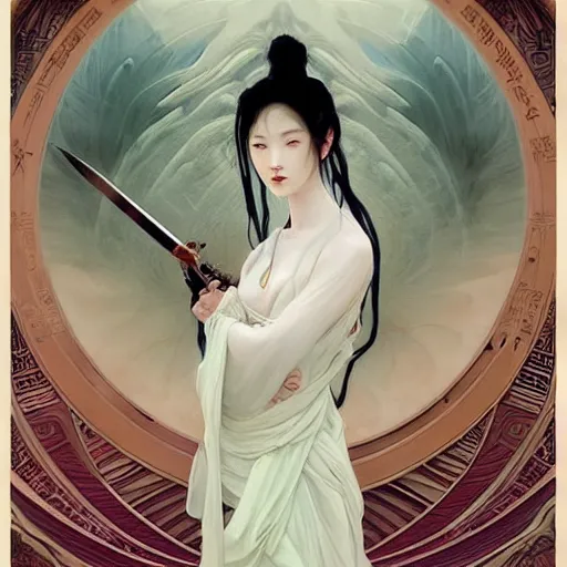Image similar to A portrait of An beautiful!!! ancient Chinese female swordsman by Ross Tran!!! and alphonse mucha and greg rutkowski! and gustav doré! and Zdzisław Beksiński! and Ruoxin Zhang!!!,In style of digital art illustration.Symmetry.Highly detailed face.Fantasy,smooth,hyper detailed,sharp focus,Soft light.trending on artstation.