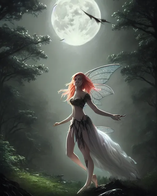 Image similar to attractive fairy goddness fly high in the night, d & d, fantasy, mist, full moon in background, trees, hyper detailed, art by artgerm and greg rutkowski and magali villeneuve, midium shot, 8 k realistic, cryengine, digital painting, trending on artstation, concept art, sharp focus, illustration,