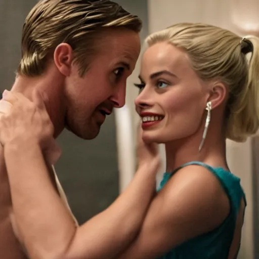 Image similar to still of ryan gosling and margot robbie, in rocky