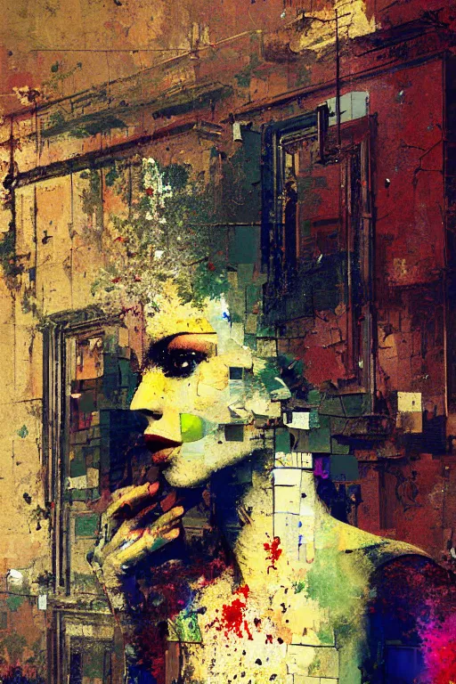 Image similar to a beautiful glitched painting by robert proch of a woman in a glitched bathroom, metal rust and plaster materials, pixel sorting, color bleeding, brushstrokes by jeremy mann, still life, dark colors