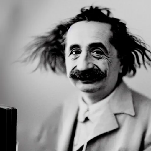 Prompt: an old ((somewhat mildewed)) funeral home director of Italian descent with a halo of unkempt hair (Einstein's hairc cut, somewhat bent over, bearing a large mad grin, the minor god of illuminations and epiphanies (((mad scientist)))