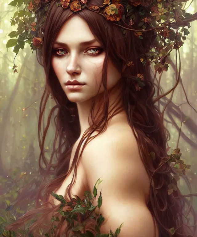 Image similar to Forest nymph woman portrait, amber eyes, face, long hair, fantasy, intricate, elegant, highly detailed, digital painting, artstation, concept art, smooth, sharp focus, illustration, art by artgerm and greg rutkowski and alphonse mucha