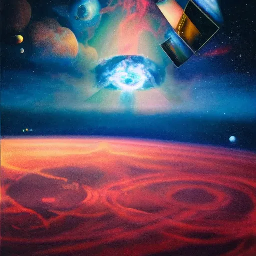 Prompt: surrealist painting of a view from a spaceship window of two planets colliding in space surrounded by beautiful nebulae