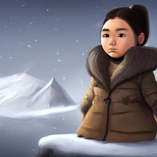 Prompt: a young inuit woman with chubby cheeks. she's wearing a winter coat and has a pet dog standing beside her. artstation, character concept, sharp focus