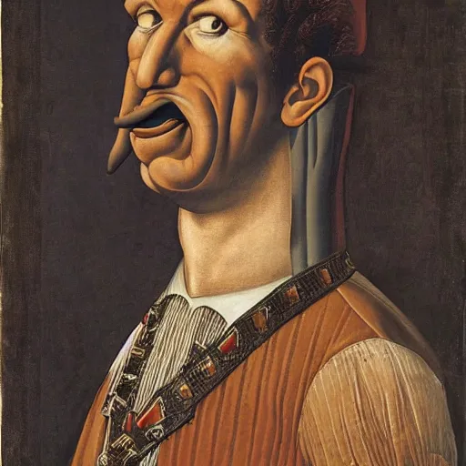 Image similar to portrait of an anthropomorphic tyrannosaurus rex, dressed as an italian duke, sandro bottecelli, 1 5 0 0