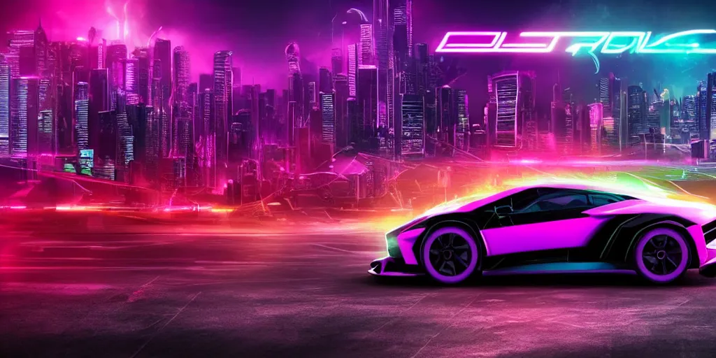 Prompt: a lamborgini car driving on a neon road, cyberpunk, retrowave synth