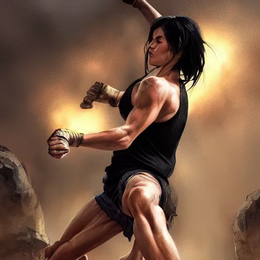 Image similar to an action photo of a black haired woman in a black tank top fighting a man, rocky movie, muscular upper body, abs, d & d, fantasy, intricate, elegant, highly detailed, digital painting, artstation, concept art, smooth, sharp focus, illustration, art by artgerm and greg rutkowski and alphonse mucha