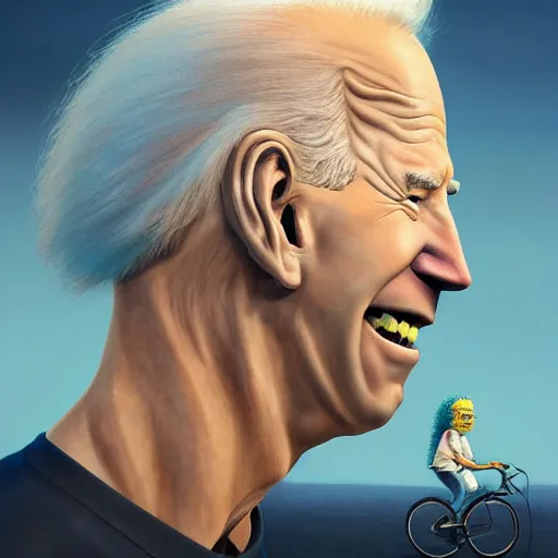 Image similar to Hyper realistic portrait of Joe Biden riding a bicycle made of wonderfully fragrant long flowing hair with Lisa Simpson sitting on the handlebars, Cinematic lighting, ultra super good realistic 3D render by Gerald Brom and James Jean, Trending on Artstation, I can't believe how detailed this is, 8k, post processing, sharp focus.