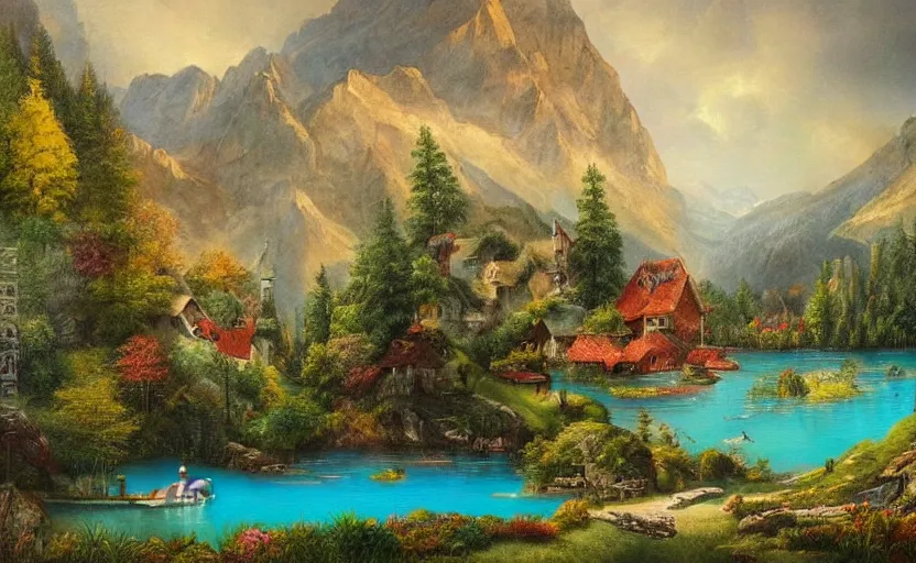 Image similar to beautiful award winning mythical painting of an austrian lake, 4 k, ultra hd