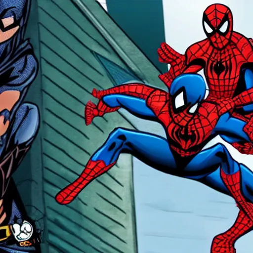 Image similar to Spiderman and Batman fighting.