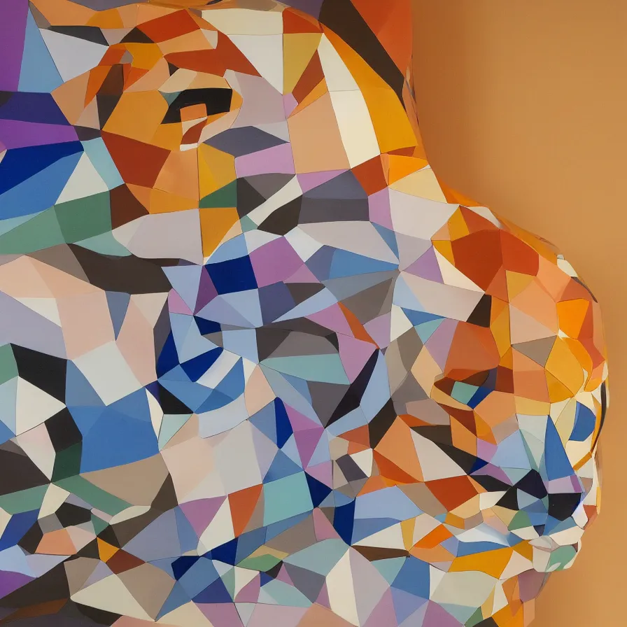 Prompt: beautiful gallery show studio photograph of a giant realistic geometric ceramic sculpture of a cat!!!!, garfield, heavily glazed by bridget riley and victor vasarely, placed on a polished wooden table, colorful hyperrealism 8 k trending on artstation