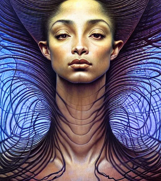 Image similar to detailed realistic beautiful young sade adu face portrait by jean delville, gustave dore and marco mazzoni, art nouveau, symbolist, visionary, baroque, intricate fractal. horizontal symmetry by zdzisław beksinski, iris van herpen, raymond swanland and alphonse mucha. highly detailed, hyper - real, beautiful