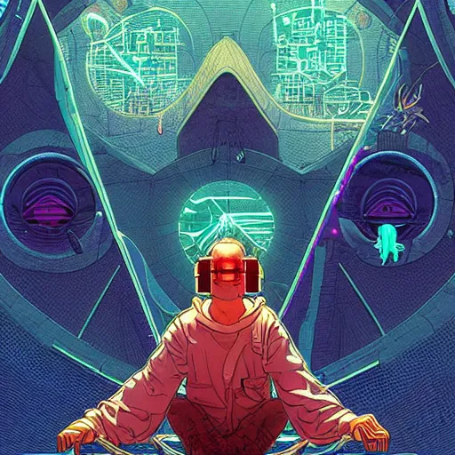 Image similar to a cyberpunk explorer meditating next to a floating triangular glowing monolith with one eye, highly detailed, midnight, by josan gonzalez and victo ngai and moebius