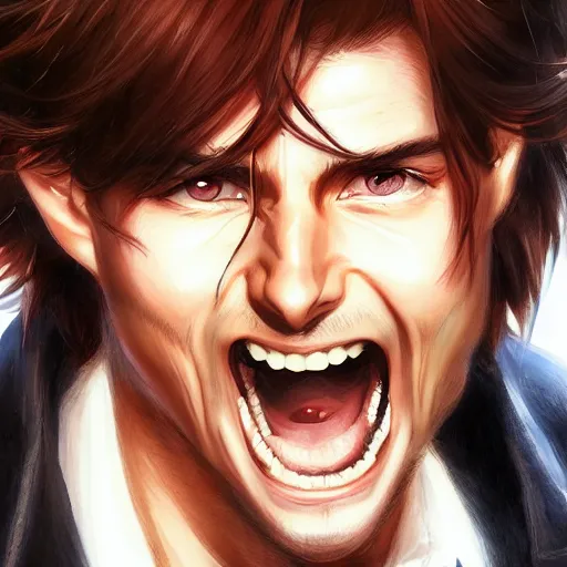 Prompt: A close-up anime portrait of tom cruise screaming, by a professional manga illustrator, Stanley Artgerm Lau, WLOP, Rossdraws, James Jean, Andrei Riabovitchev, Marc Simonetti, and Sakimichan, tranding on artstation