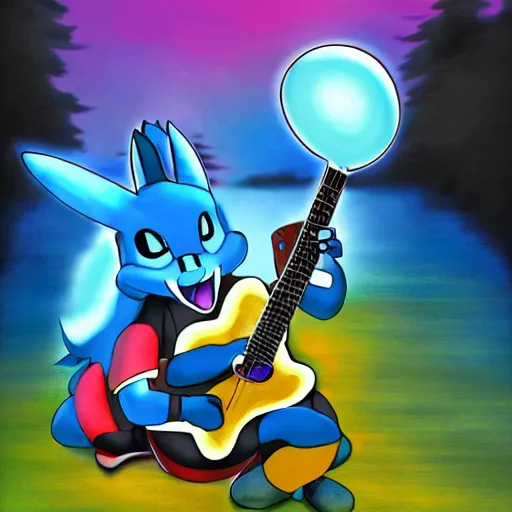 Image similar to lucario and k. K. Slider playing guitar at Woodstock, portrait full body, digital art, high quality, beautiful colors, mesmerizing